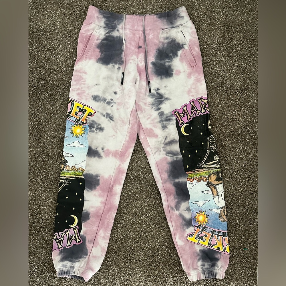 Market Pink and Black Tie-Dye Sweatpants with Graphic Designs